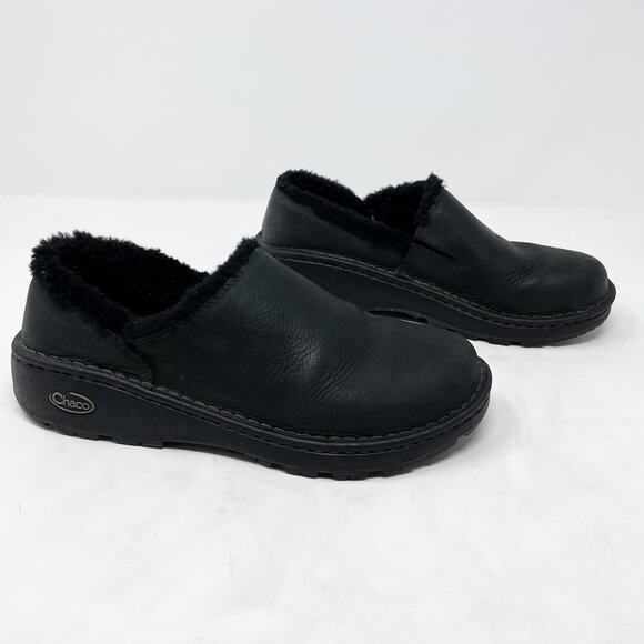 [Chaco] Zaagh Baa Nurl Vibram Soles Black Leather Clogs Shearling Topline Sz 7.5 - Picture 1 of 10